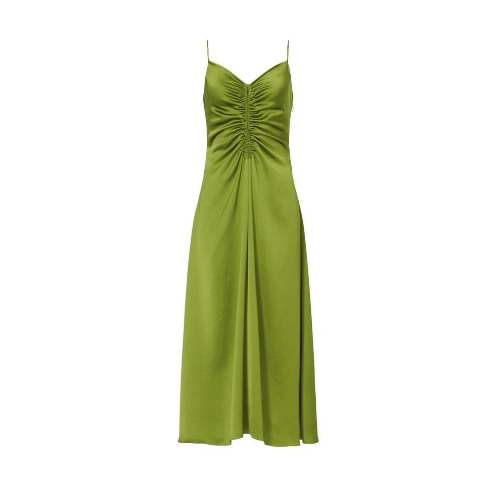 Sandro Zola Green Satin Ruched Front Tie Strap Slip Cocktail Midi Dress Size 4 - Picture 4 of 15
